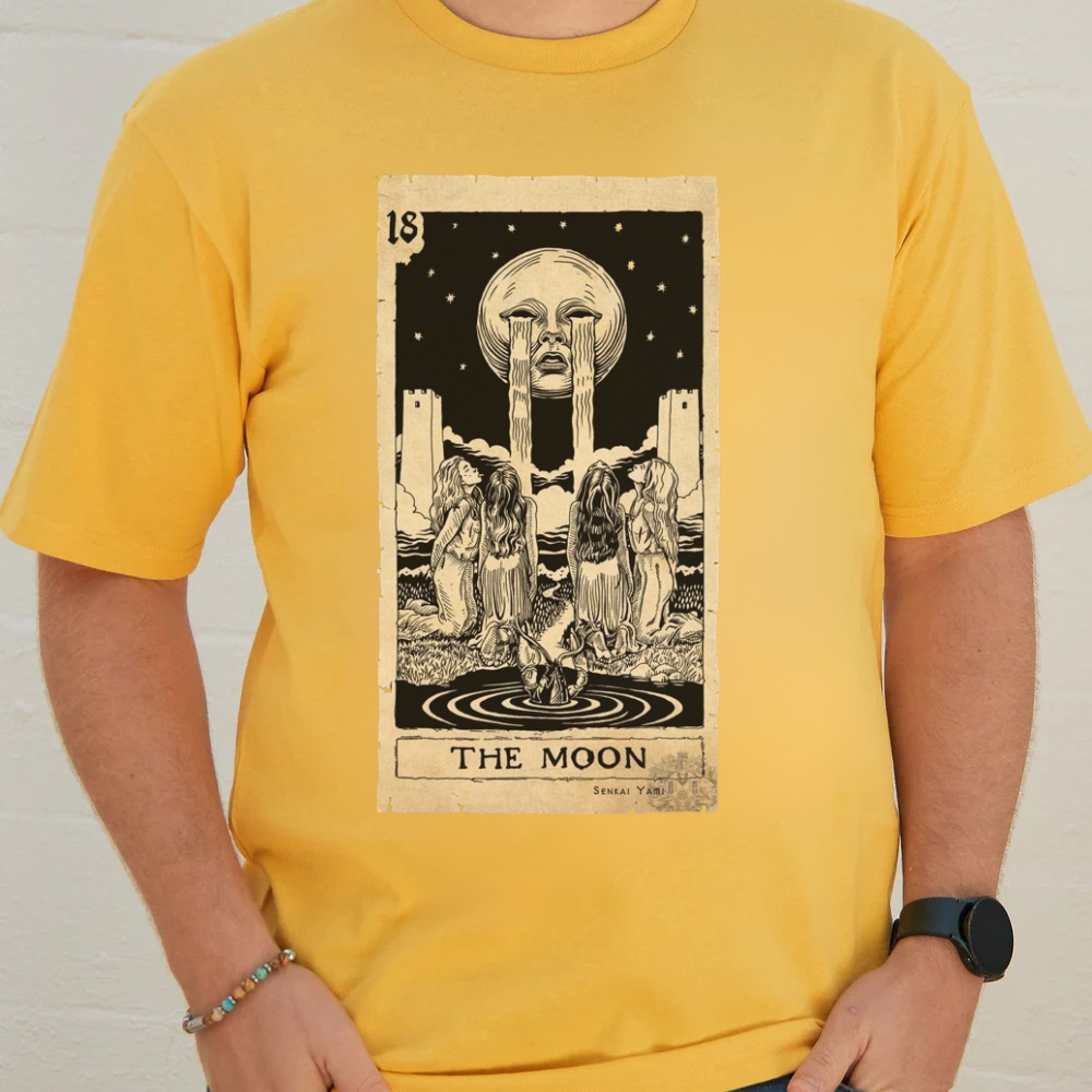 Premium yellow oversized tarot graphic tee featuring 'The Moon' design by Senkai Yami, ethically made with 100% cotton.