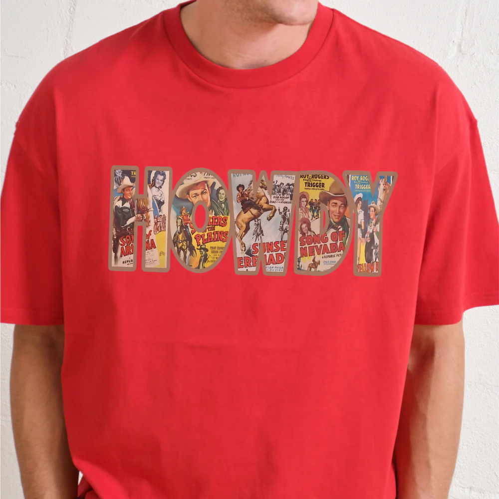 Red t-shirt with 'Howdy' graphic design featuring vintage movie poster images.