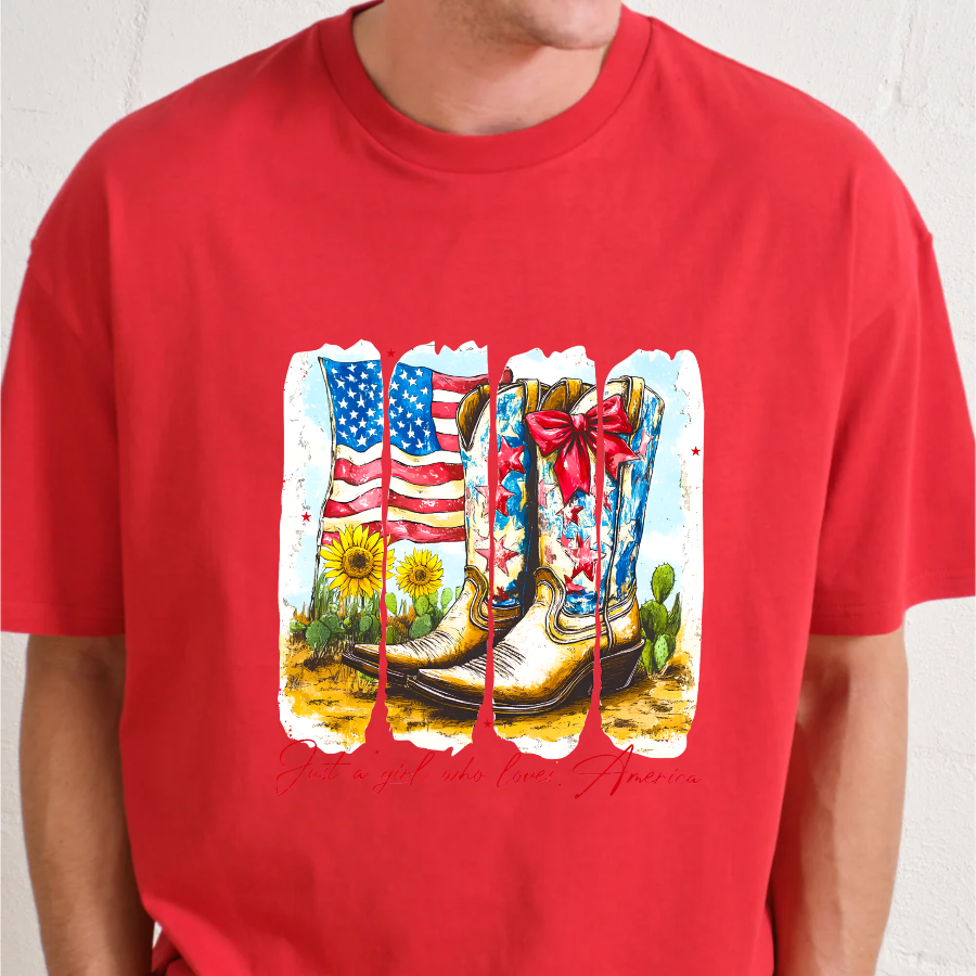 Red t-shirt with a graphic of American flags, boots, and flowers on a white background