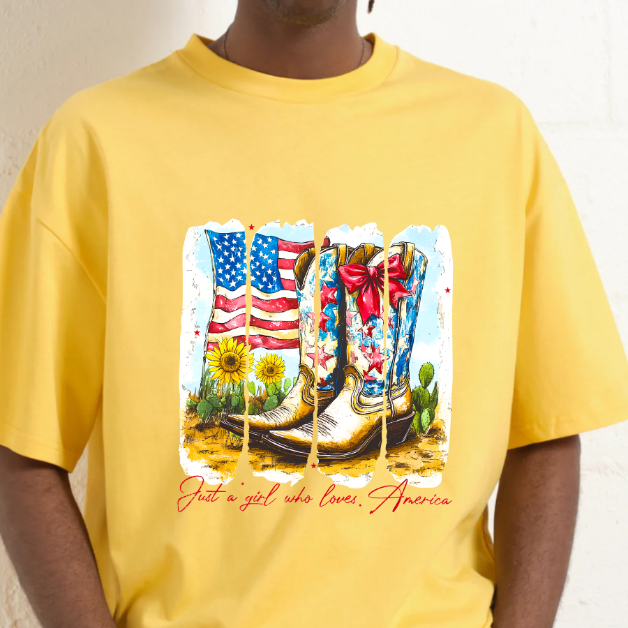 Yellow t-shirt with American flag boots and sunflower design on a person