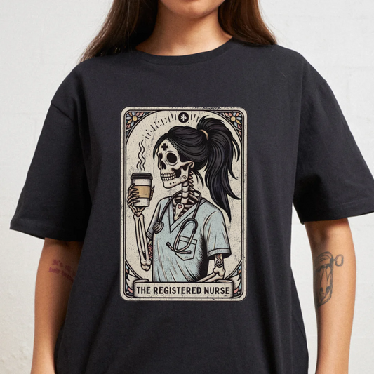 Black t-shirt with a graphic of a skeleton nurse holding a coffee cup on a plain background