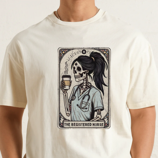 Natural t-shirt with a graphic of a skeleton nurse holding a coffee cup, labeled 'The Registered Nurse'.