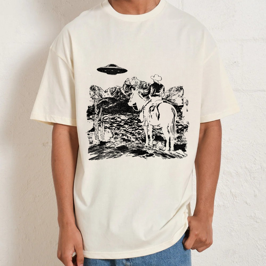 Retro Cowboy UFO Western Aesthetic Graphic Vintage Futuristic Cowboy T-Shirt