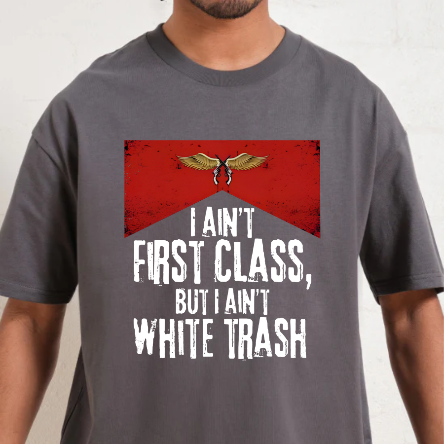 Charcoal t-shirt with a red graphic and text on a plain background