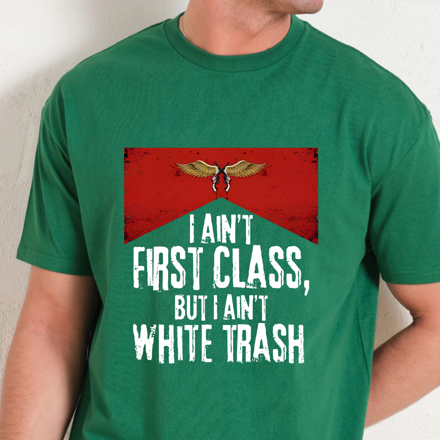Green t-shirt with a red graphic and white text on a plain background
