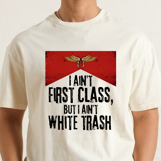 Natural t-shirt with a graphic and text on a plain background