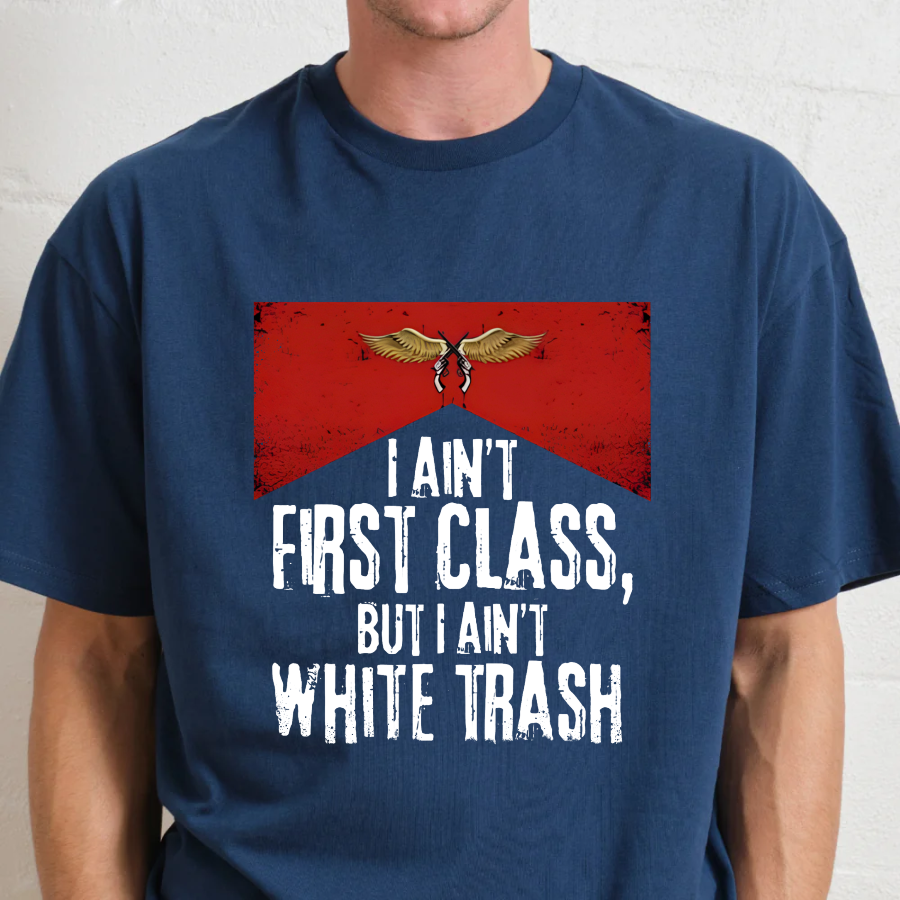 Navy blue t-shirt with a graphic and text on a plain background