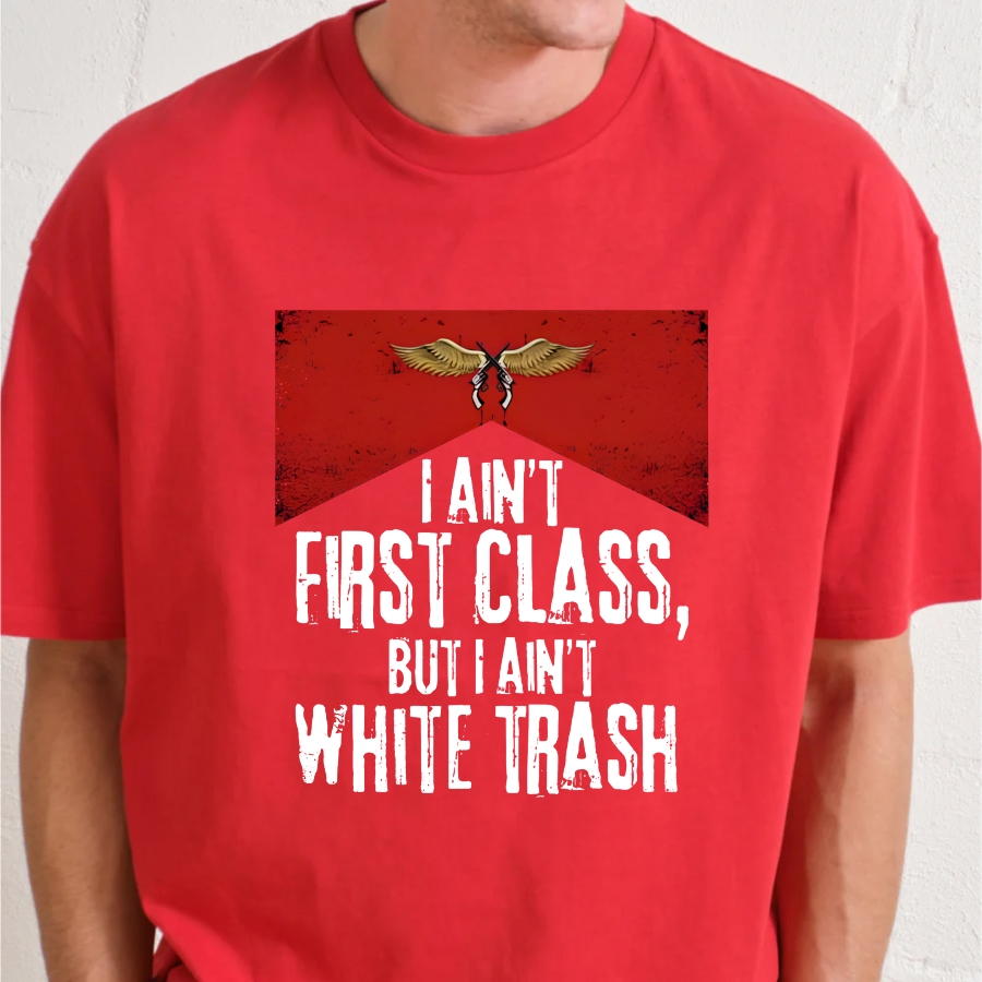 Red t-shirt with white text and graphic design on a plain background