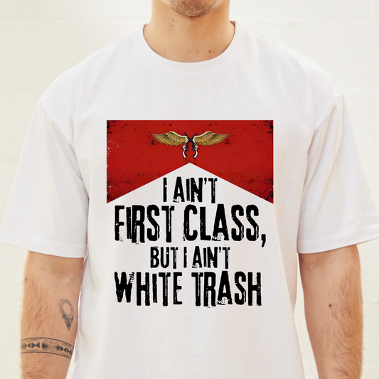 White t-shirt with a graphic and text on a plain background