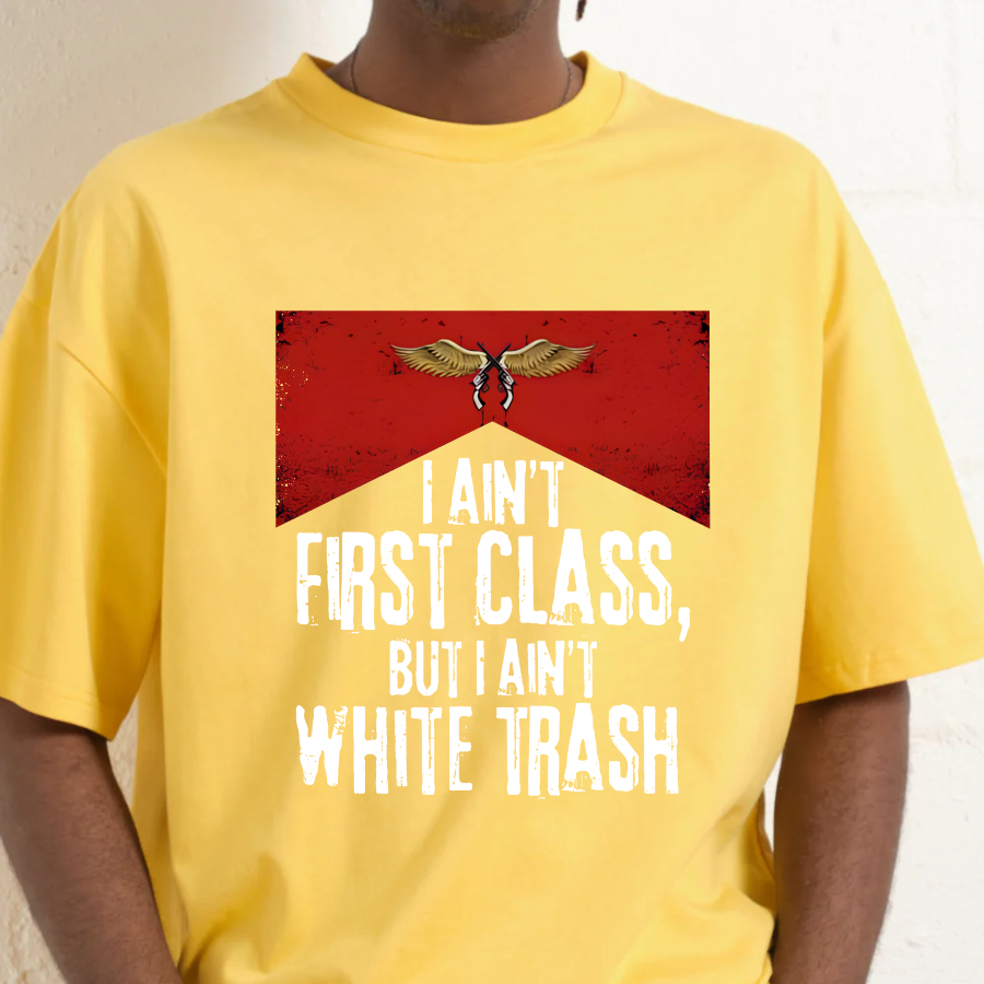Yellow t-shirt with a red graphic and white text worn by a person.