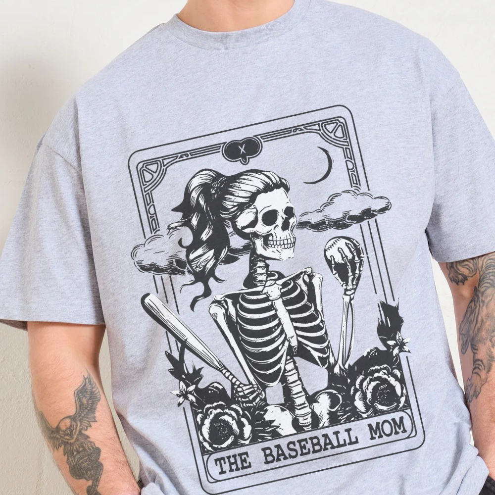 Gray t-shirt with a skeleton design and 'The Baseball Mom' text on a plain background