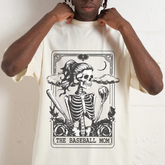 Person wearing a white t-shirt with a black skeleton design and text.