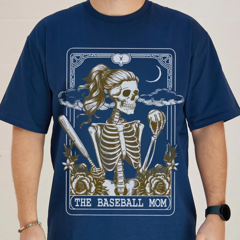Navy blue t-shirt with a skeleton design and 'The Baseball Mom' text on a plain background