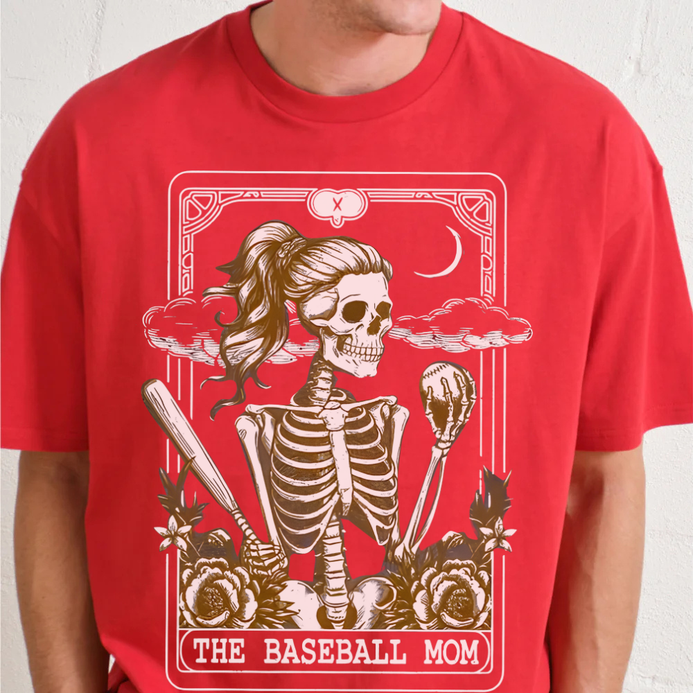 Red t-shirt with a skeleton design labeled 'The Baseball Mom' on a plain background