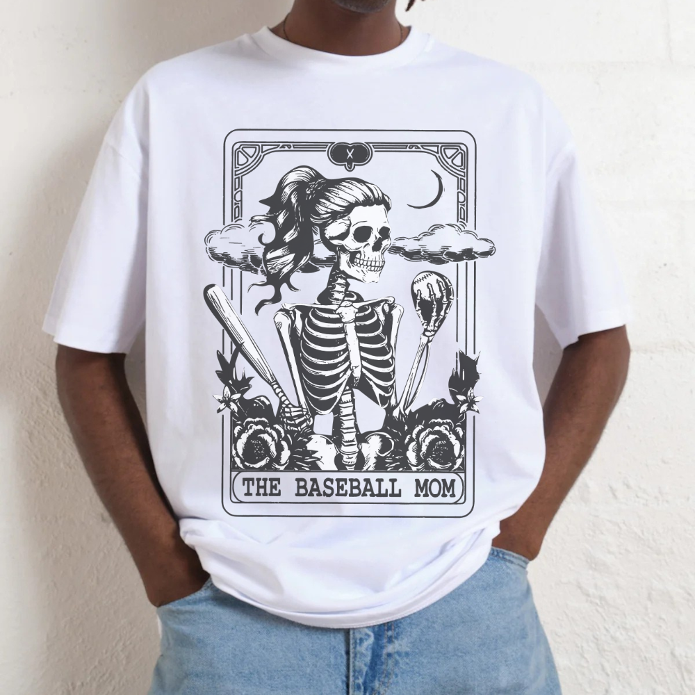 White t-shirt with a skeleton design and text worn by a person against a white background