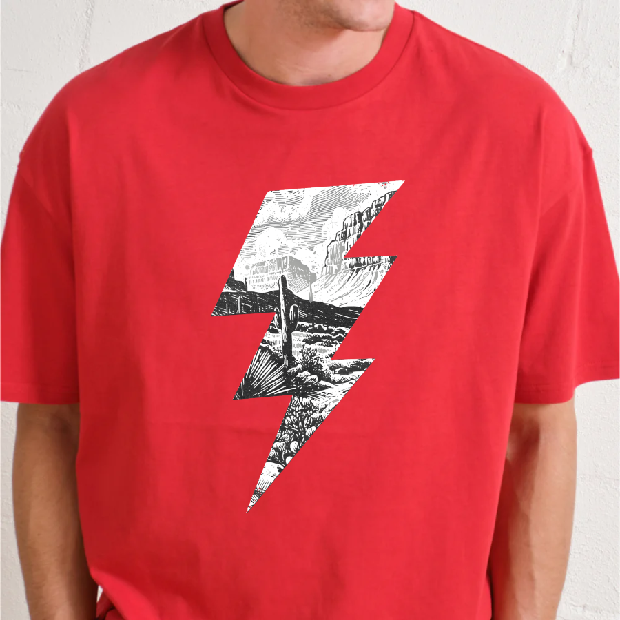 Red t-shirt with a black and white graphic design on a plain background