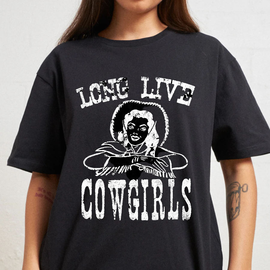 Black t-shirt with 'Long Live Cowgirls' graphic design on a plain background