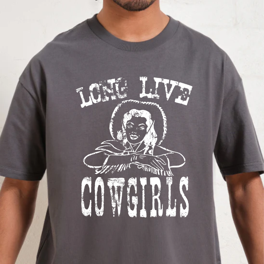 Charcoal t-shirt with 'Long Live Cowgirls' graphic and person wearing it.