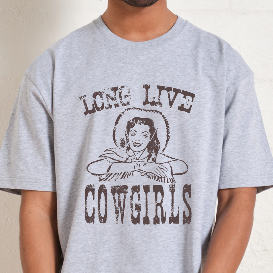 Gray t-shirt with 'Long Live Cowgirls' graphic and person wearing it.