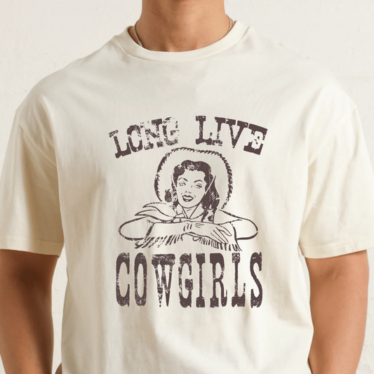 Natural -shirt with 'Long Live Cowgirls' graphic design on a plain background