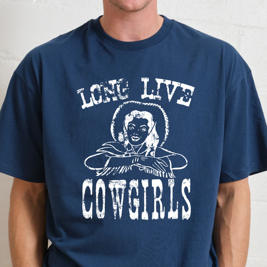 Navy blue t-shirt with white graphic and text 'Long Live Cowgirls' on a plain background