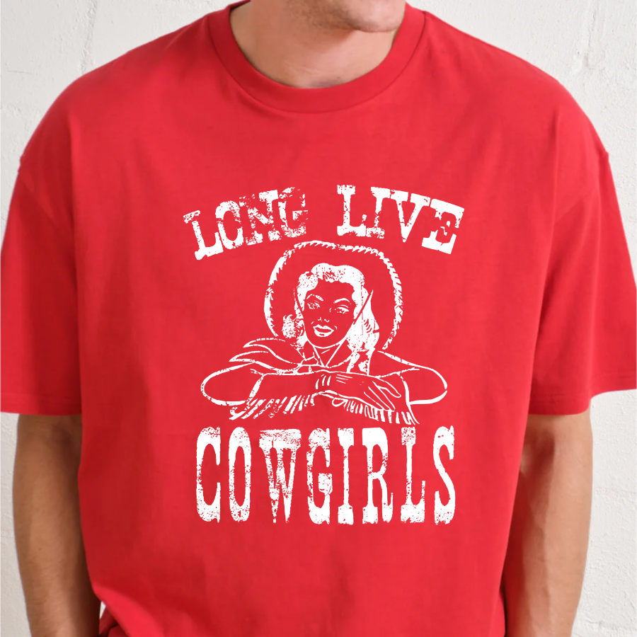 Red t-shirt with white graphic and text 'Long Live Cowgirls' on a plain background