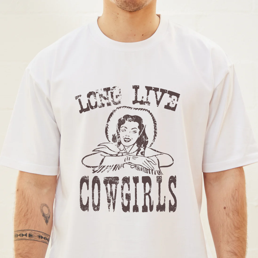 White t-shirt with 'Long Live Cowgirls' graphic design on a plain background