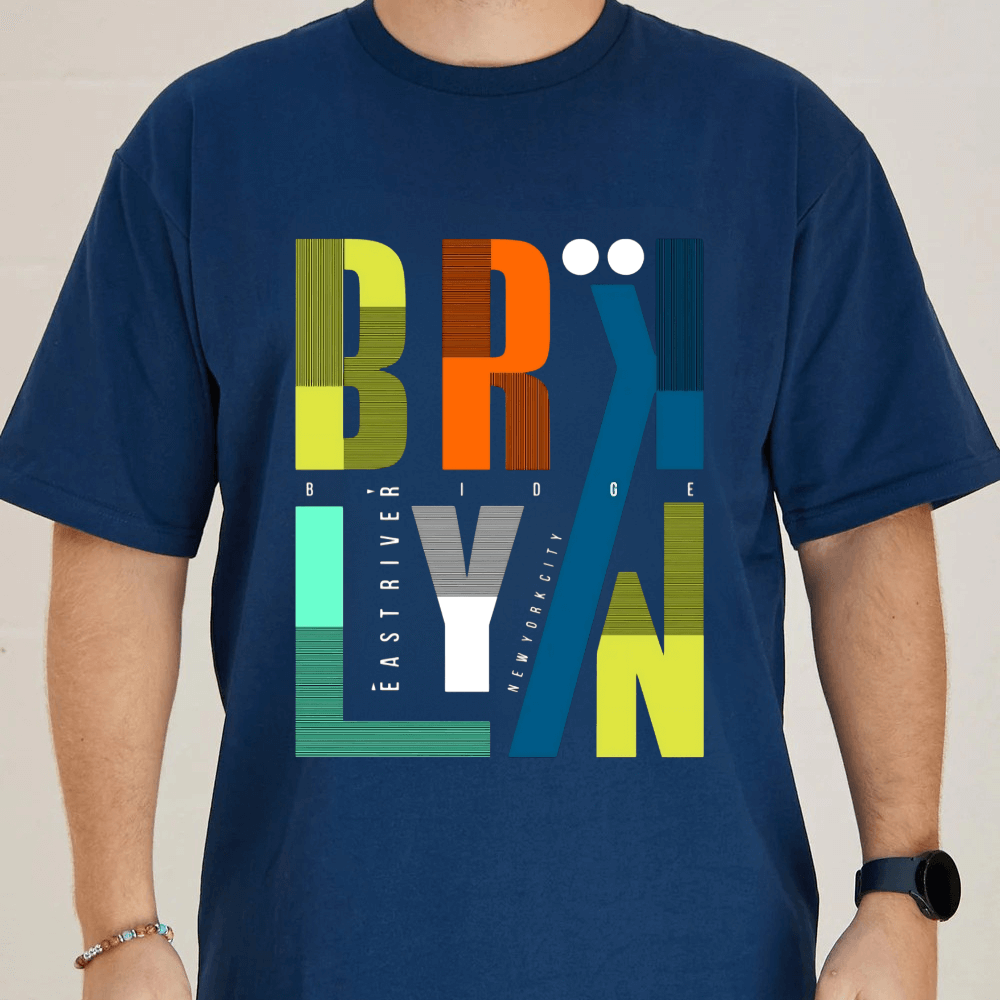 Navy blue t-shirt with colorful 'BROOKLYN' graphic design on a plain background