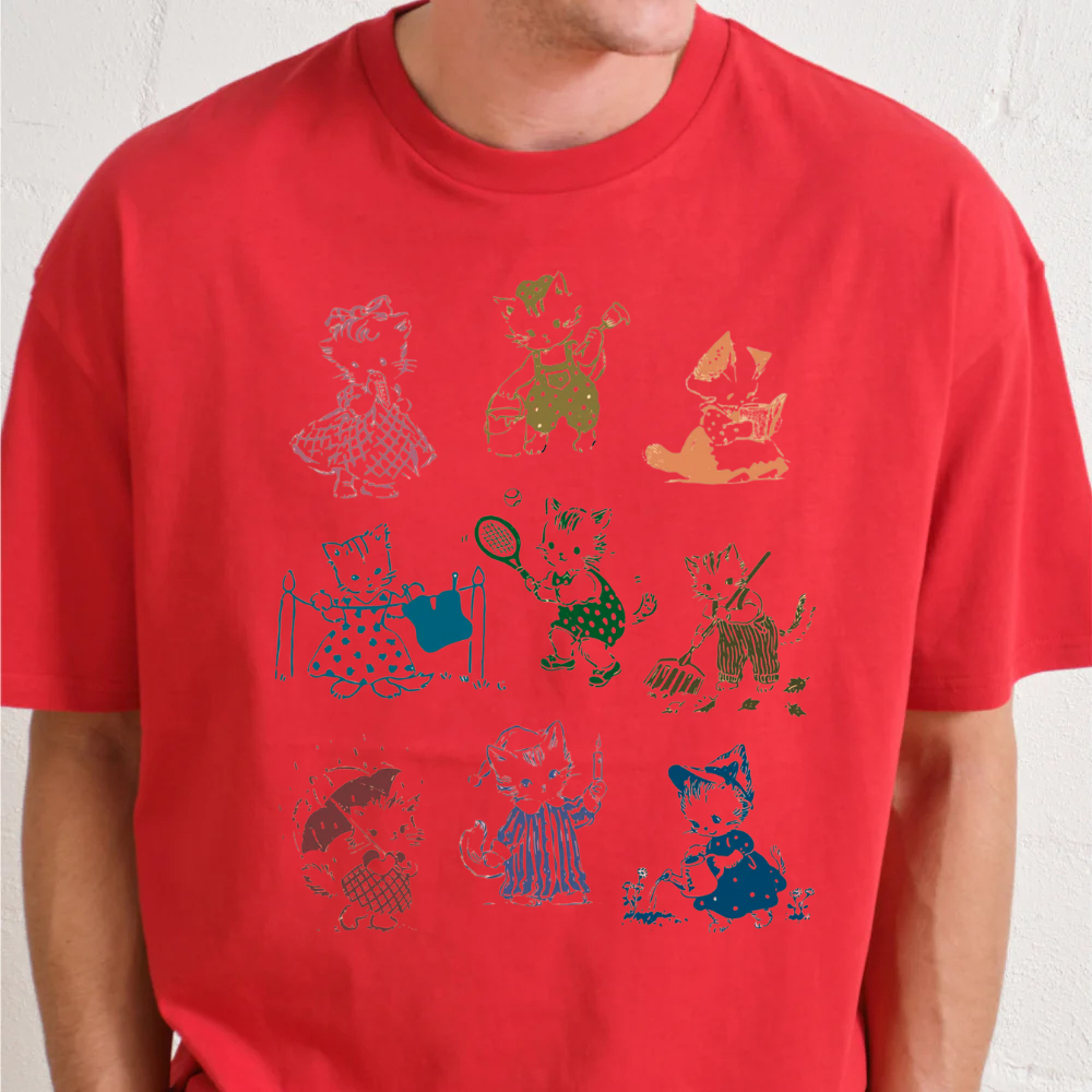 Red t-shirt with colorful graphic design on a plain background