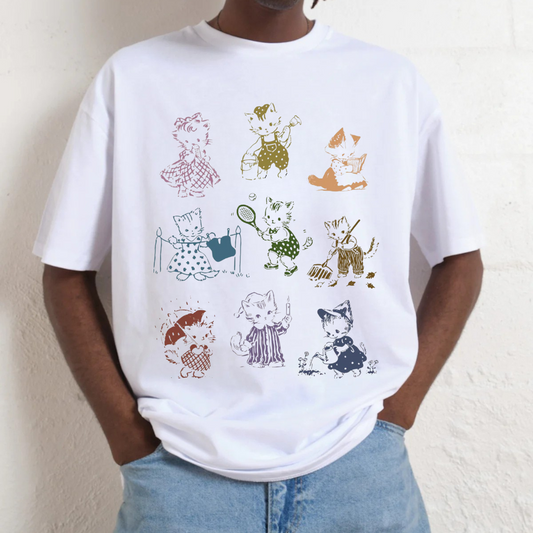 Cat 90s Tattoo Vintage T-shirt featuring playful graphic cats, oversized fit, and ethical cotton fabric.