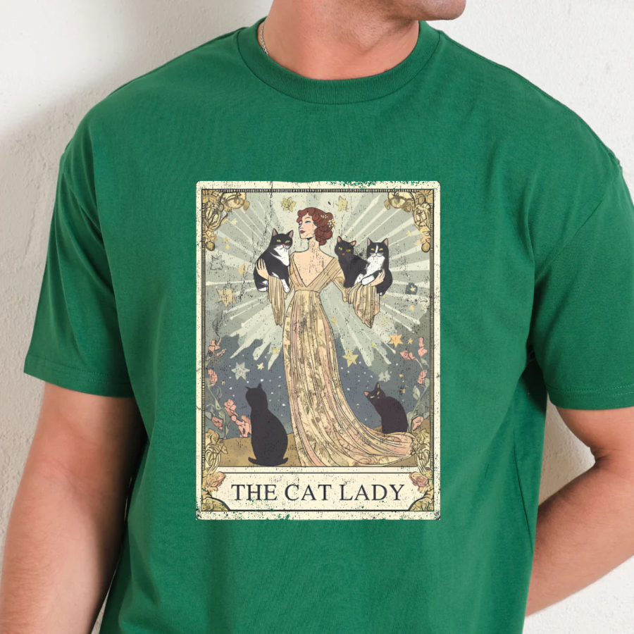 Green t-shirt with 'The Cat Lady' graphic design on a plain background