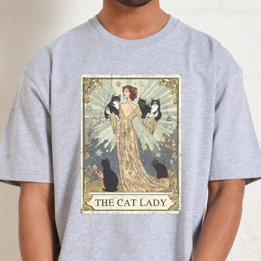 Gray t-shirt with 'The Cat Lady' graphic design featuring a woman and cats.