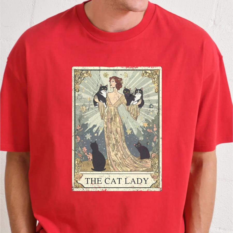 Red t-shirt with 'The Cat Lady' graphic design featuring a woman and cats.