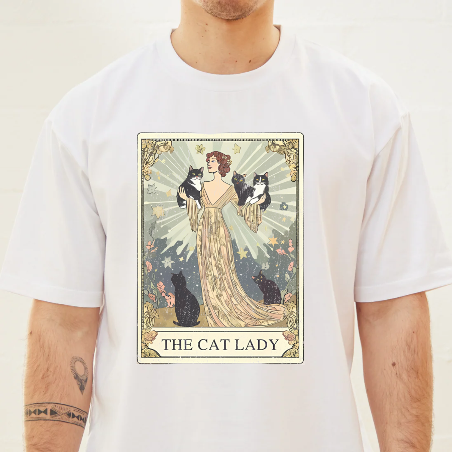 White t-shirt with 'The Cat Lady' graphic design featuring a woman and cats.