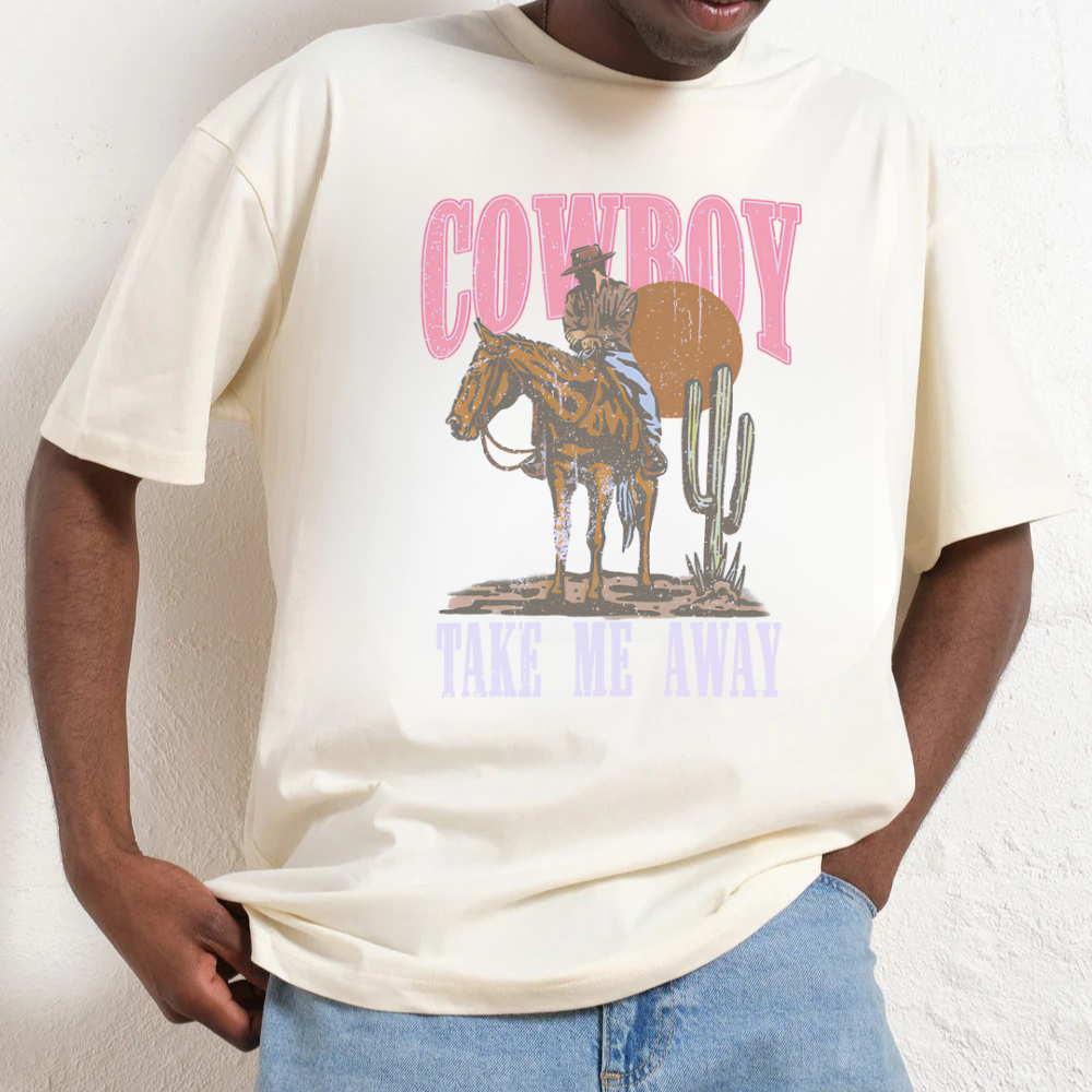 Person wearing a white t-shirt with colorful text design on a plain background