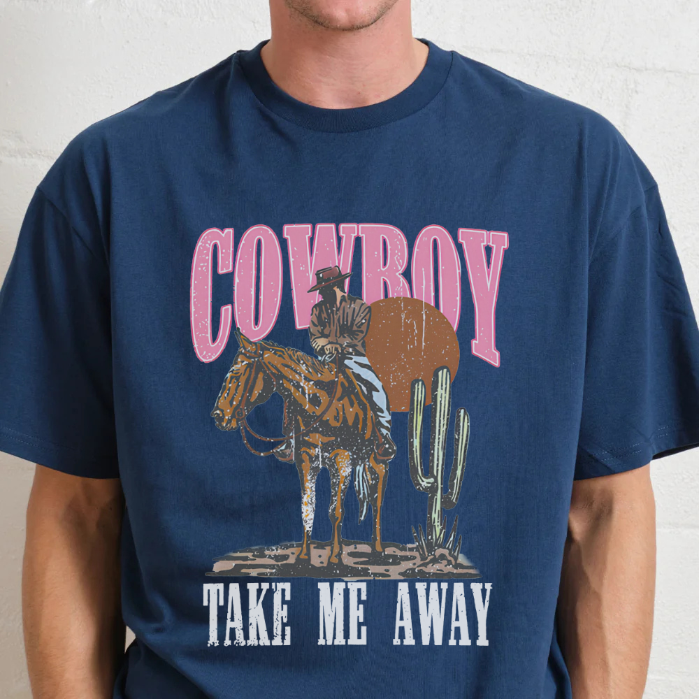Navy blue t-shirt with cowboy graphic and text on a plain background