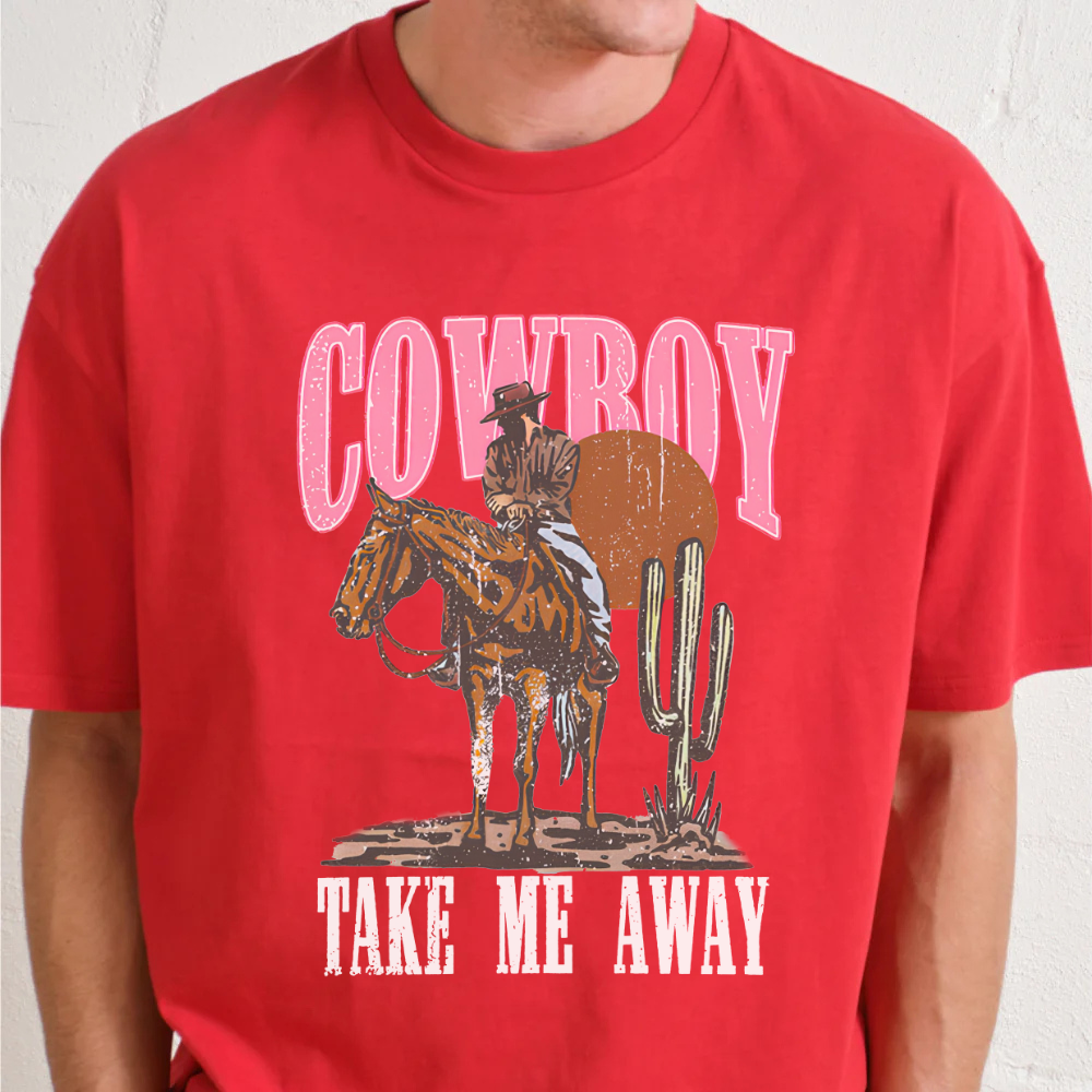 Red t-shirt with a cowboy graphic and text on a plain background