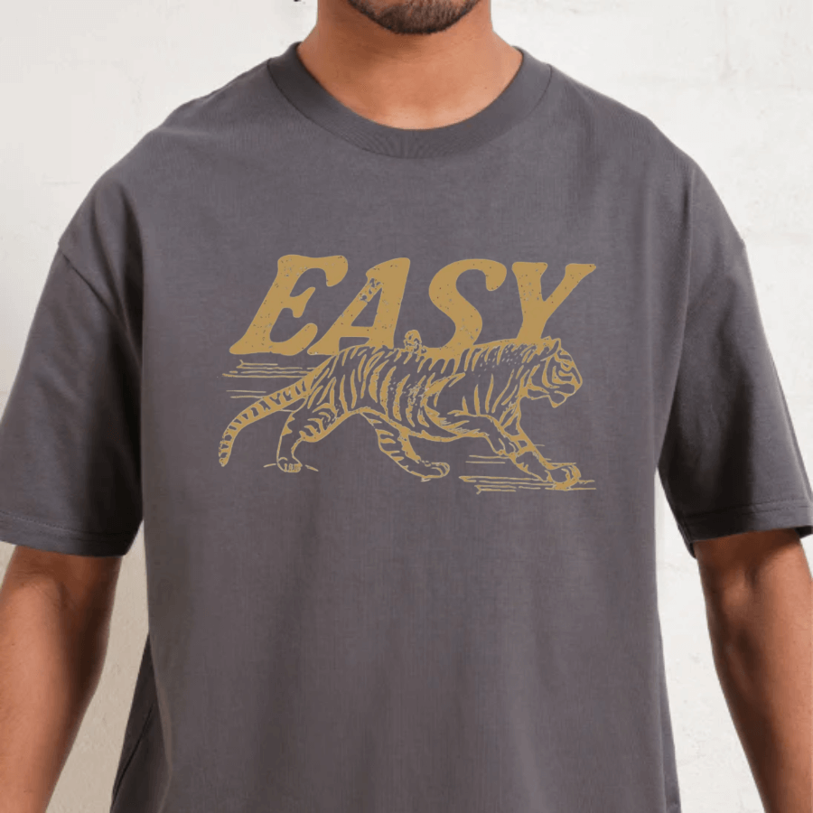 Gray t-shirt with a yellow tiger graphic and 'EASY' text on a white background