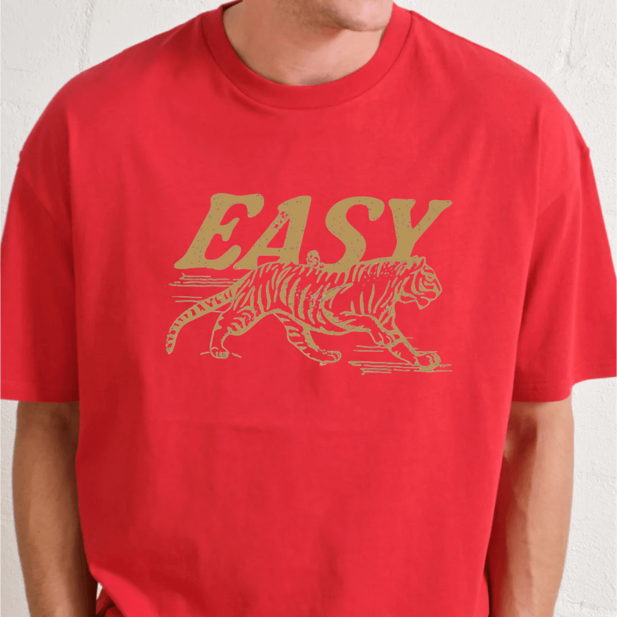 Red t-shirt with gold tiger graphic and 'EASY' text on a white background