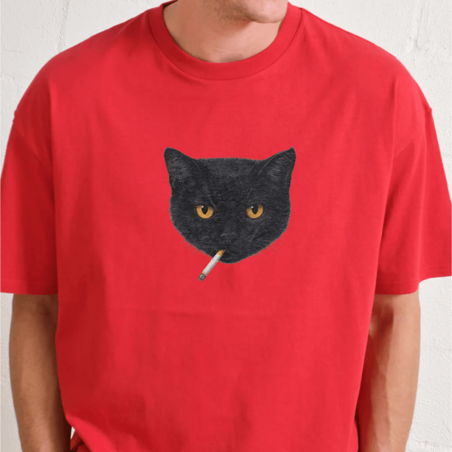 Red t-shirt with a black cat graphic holding a cigarette on a white background