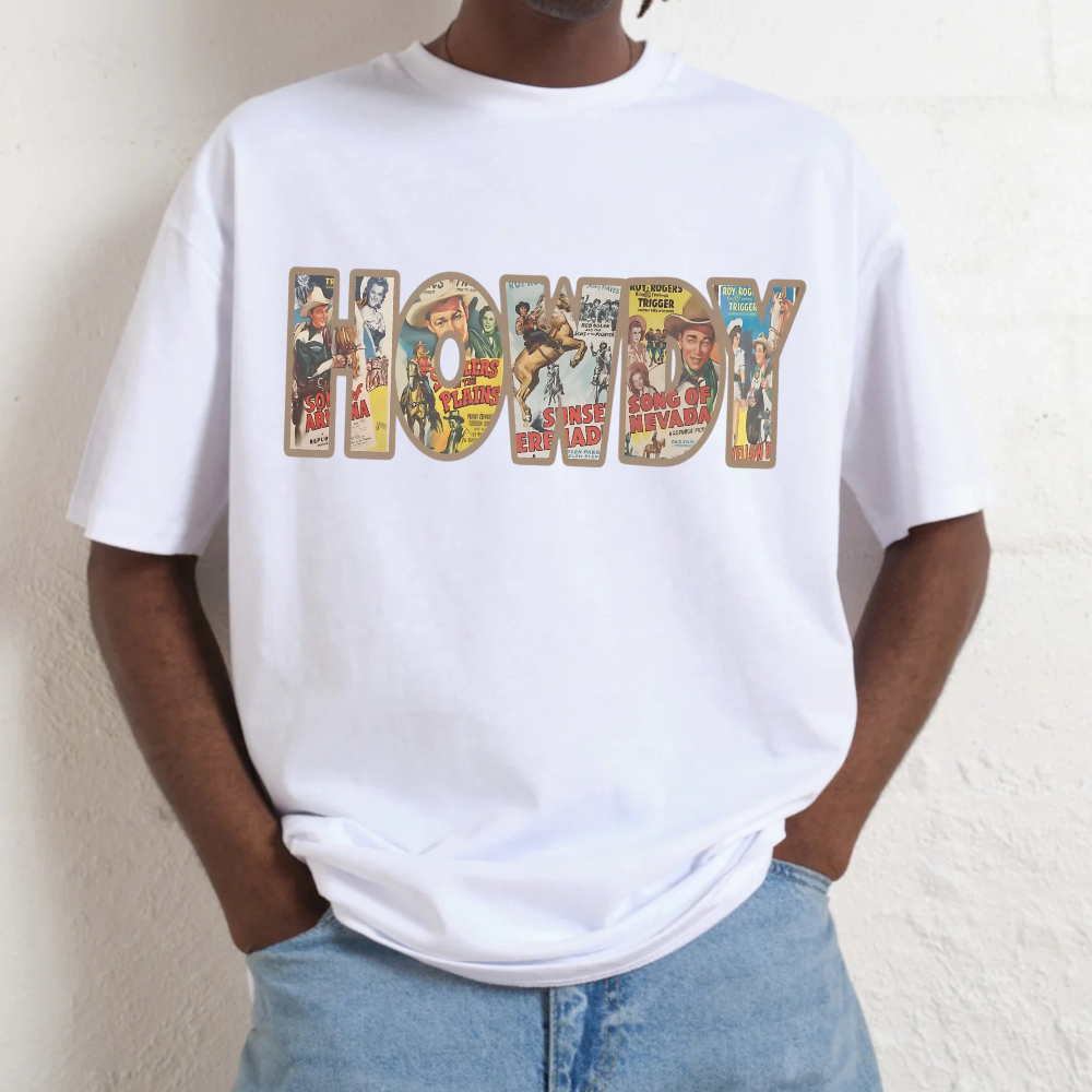 Person wearing a white t-shirt with 'Howdy' graphic design against a plain background