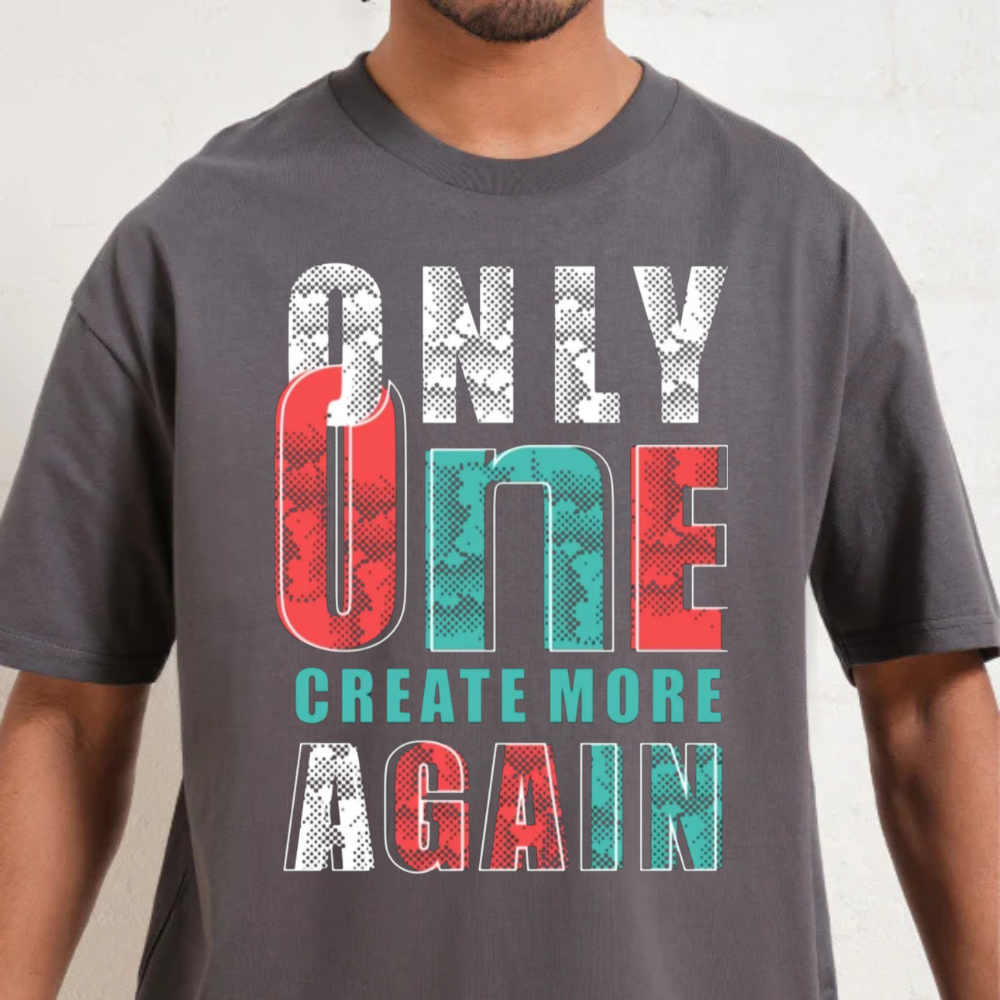 Only One Create More Again T-Shirt, premium oversized graphic tee in gray, 90s-inspired, unisex sizing.