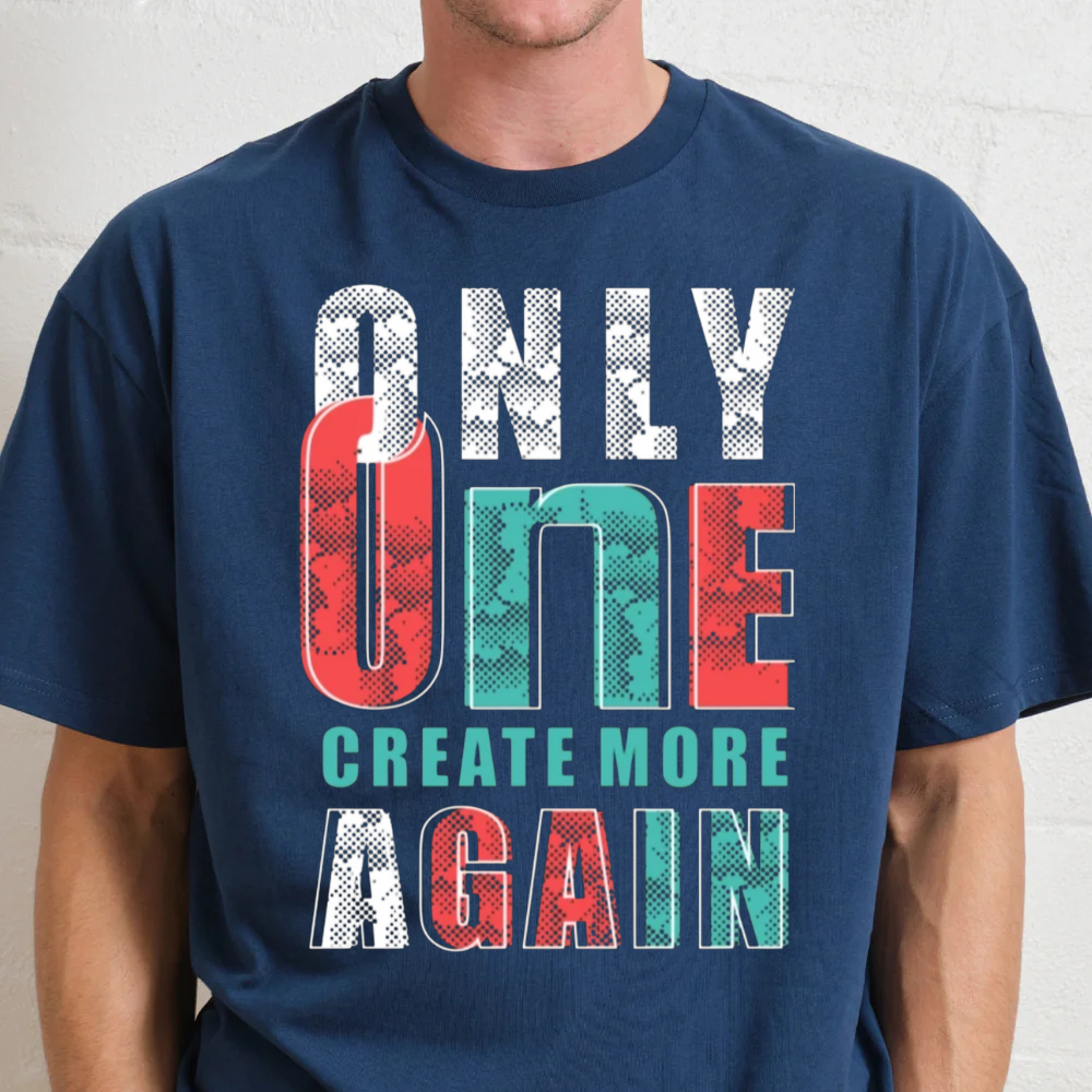 Only One Create More Again T-Shirt, oversized 90s-inspired graphic tee in navy blue, unisex sizing, ethically sourced.