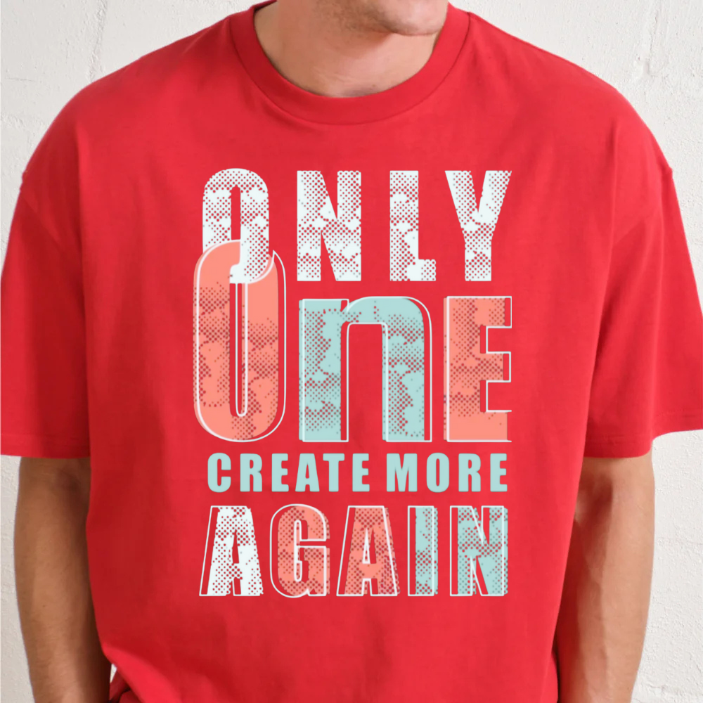Red t-shirt with motivational text design on a plain background