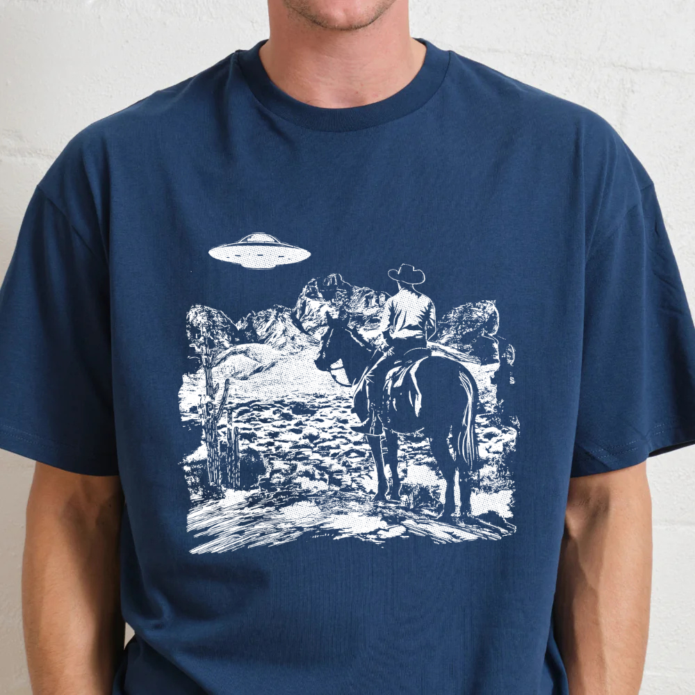 Retro Cowboy UFO Western Aesthetic Graphic Vintage Futuristic Cowboy T-Shirt