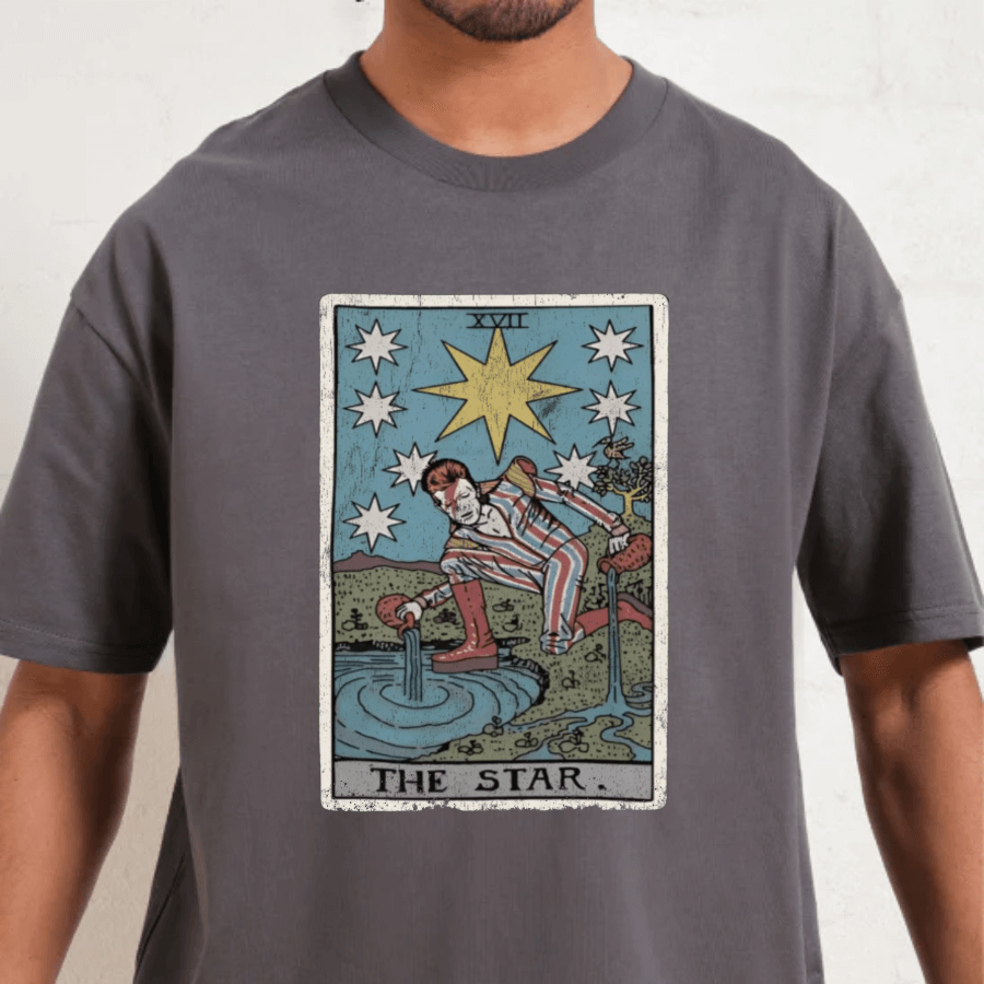 Gray t-shirt with 'The Star' tarot card design worn by a person