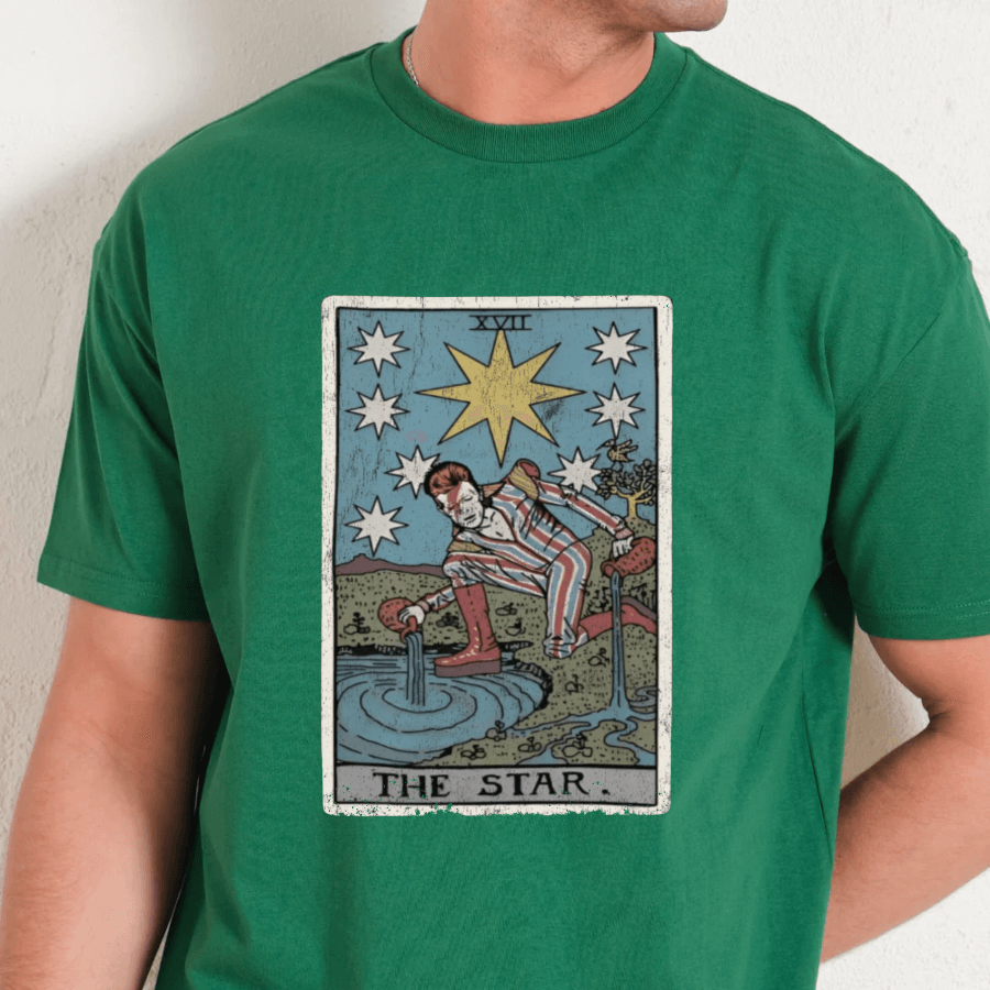 Green t-shirt with 'The Star' tarot card design worn by a person