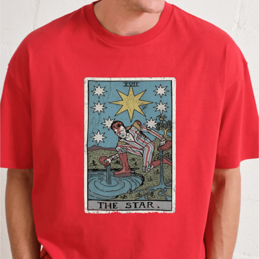 Red t-shirt with 'The Star' tarot card design on a plain background