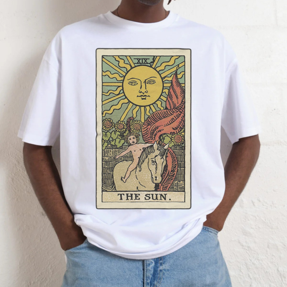 White t-shirt with a graphic of a sloth dressed as a wizard, labeled 'The Wizard', worn by a person.