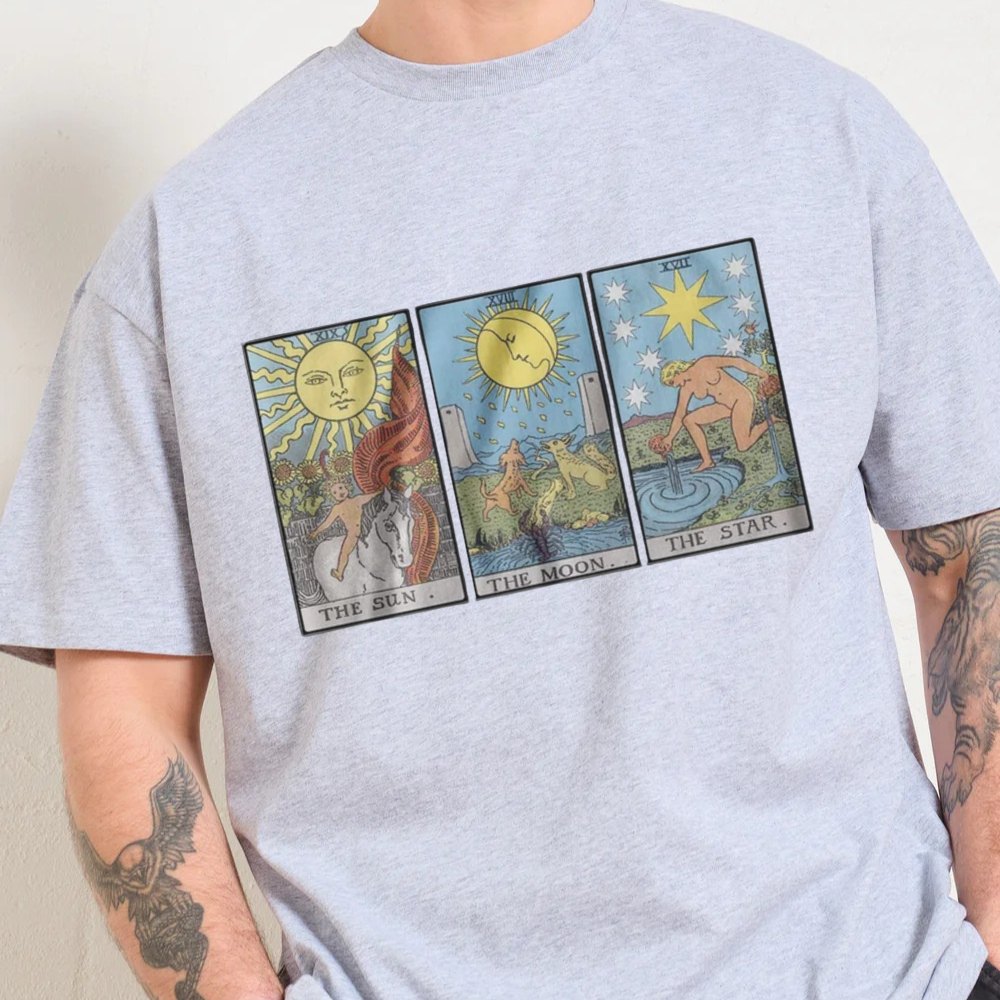 Gray t-shirt with tarot card designs worn by a person